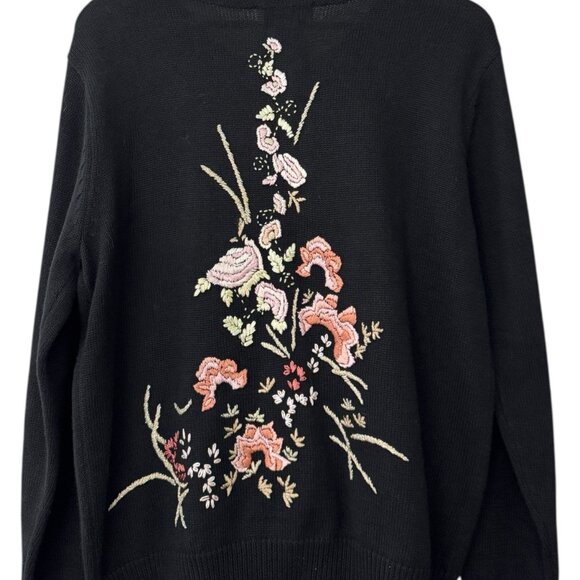 VTG Heirloom Black Cottagecore Knit Cardigan Floral Embroidered Cotton Ramie Top - Picture 3 of 10